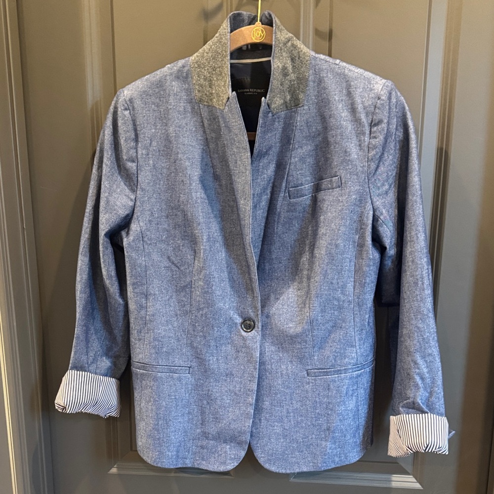 Banana Republic Blue Chambray Blazer with Gray Collar
